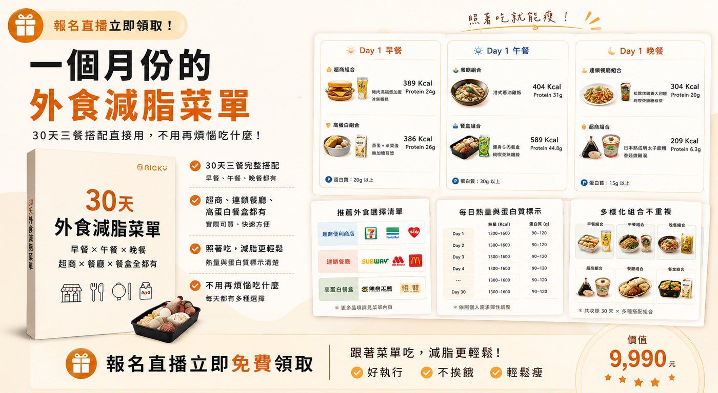 《一個月份的外食減脂菜單》:30 天三餐,超商/連鎖餐廳/高蛋白餐盒都有,附熱量與蛋白質標示